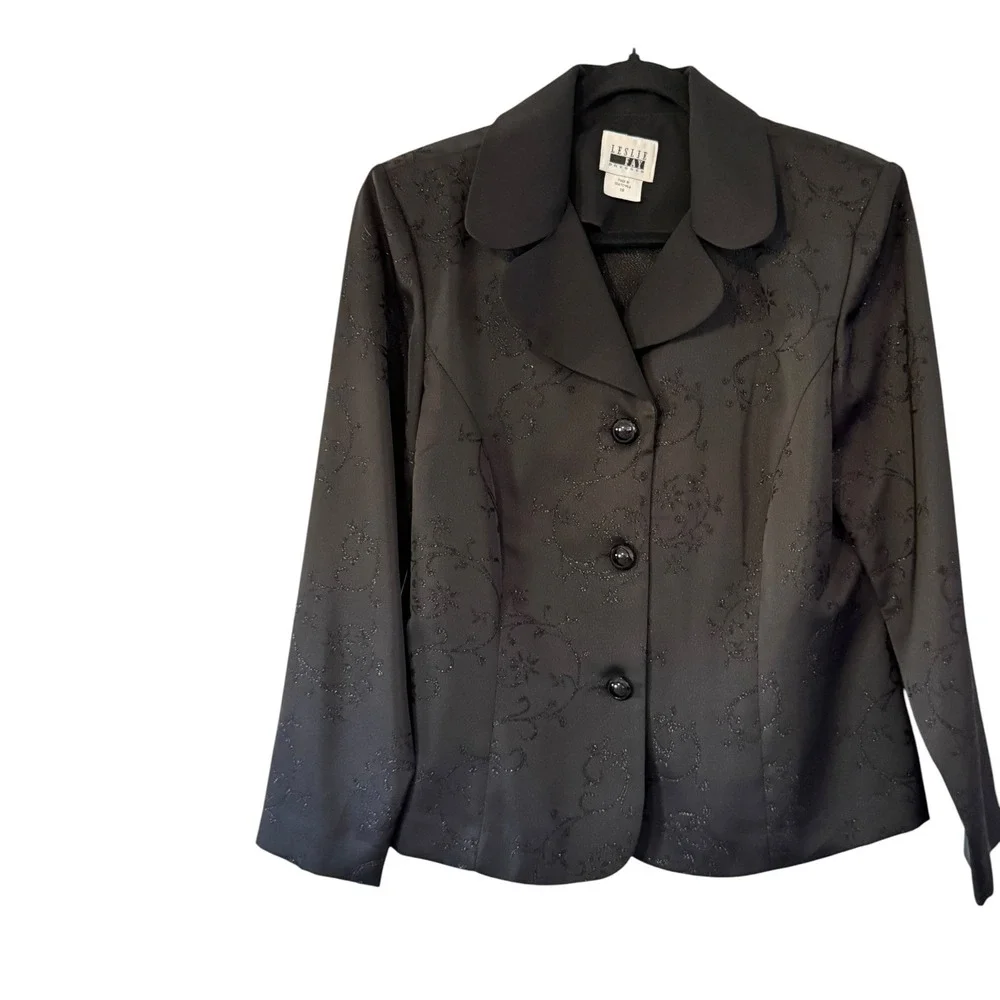 Vintage Leslie Fay Black Glitter Scroll Floral Blazer Jacket Womens Size 10